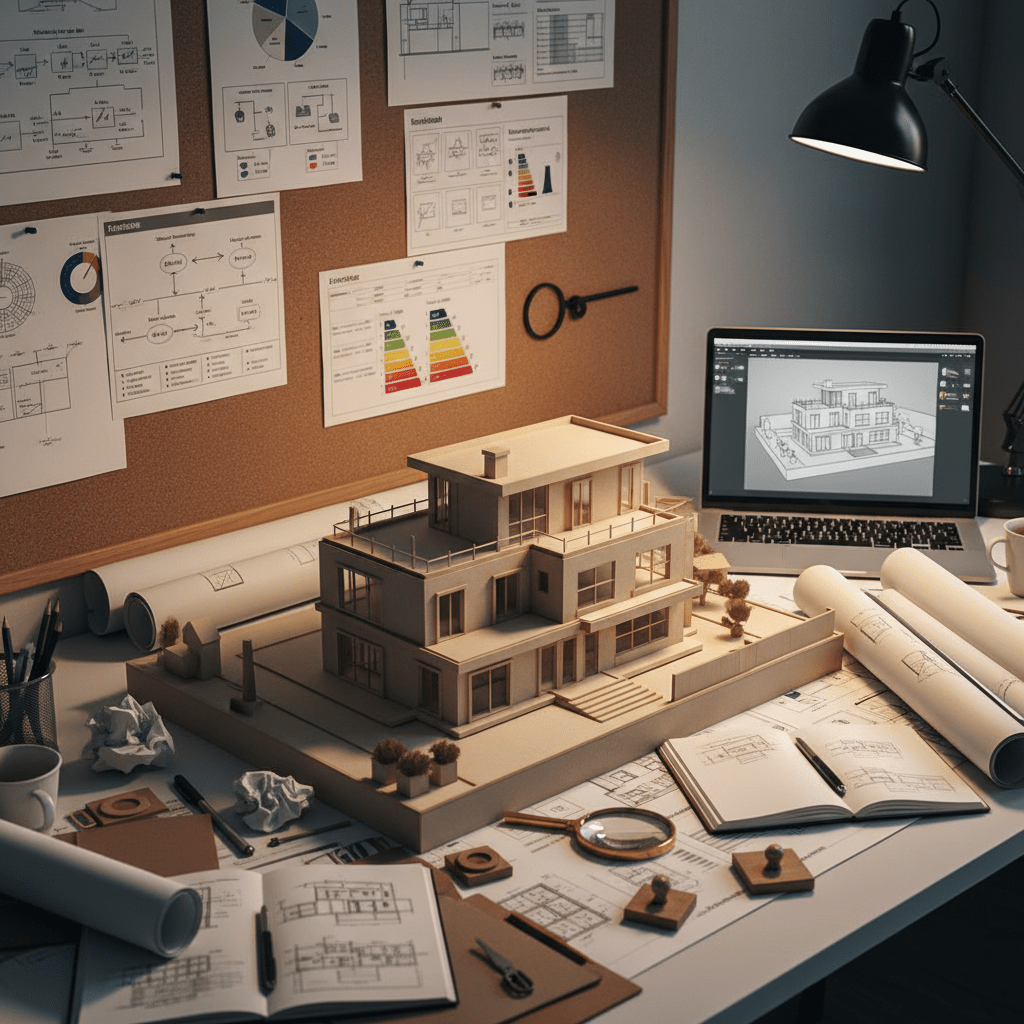Architectural model of a modern house with design blueprints and a laptop showing a 3D rendering