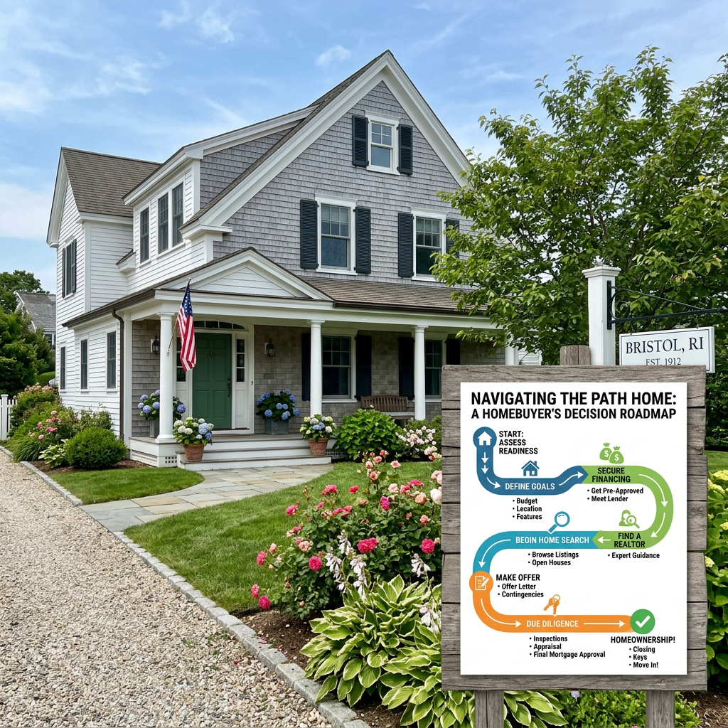 Suburban house with a garden and a homebuyer decision roadmap sign detailing steps from assessing readiness to homeownership